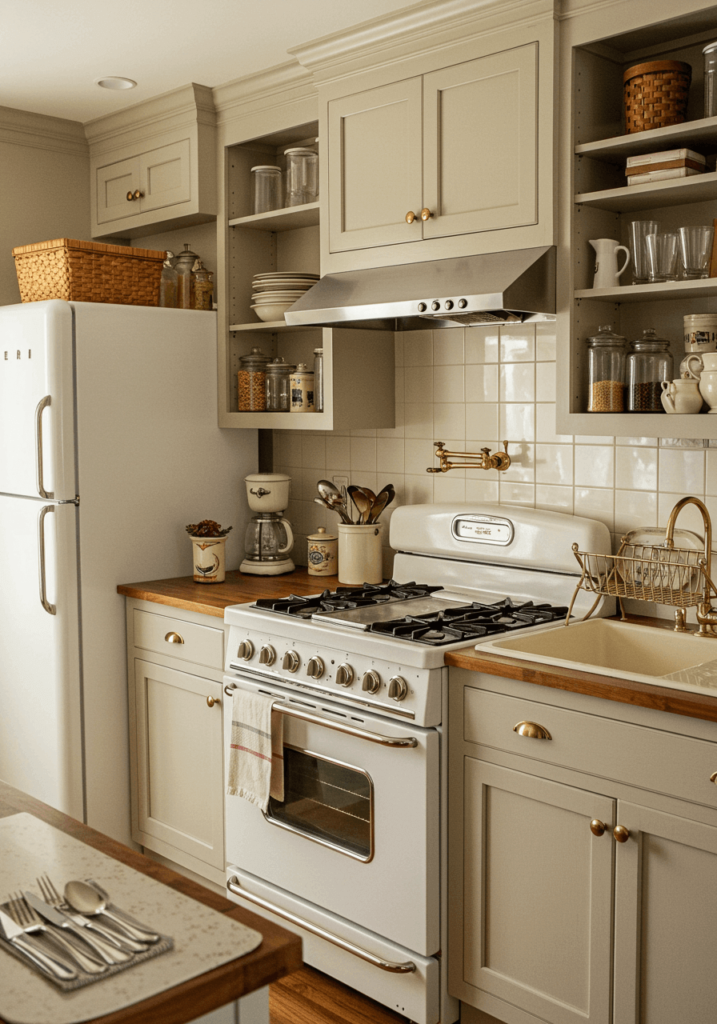 Vintage-Inspired Kitchen Cabinets with Ceramic Jars