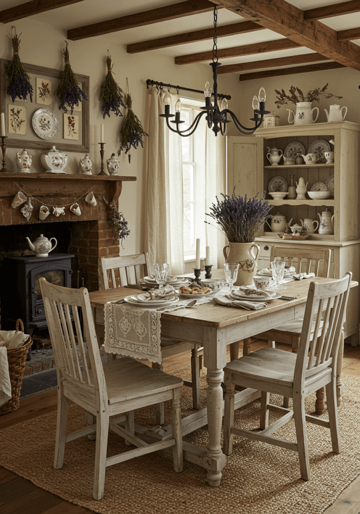 Vintage-Style Dining Space with Open Fireplace