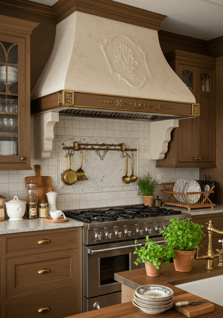 Vintage-Style Kitchen Hood with Brass Elements and Ornate Details