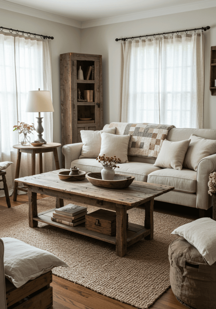 Vintage-inspired living room with primitive handcrafted textiles