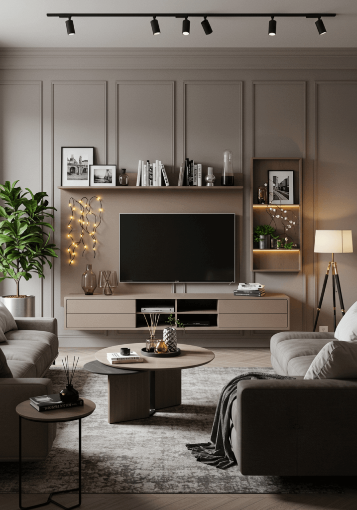 Wall-mounted media unit with decorative panels