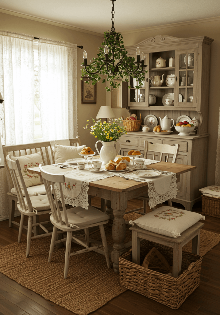 Warm Cottagecore Breakfast Nook with Vintage Chandelier