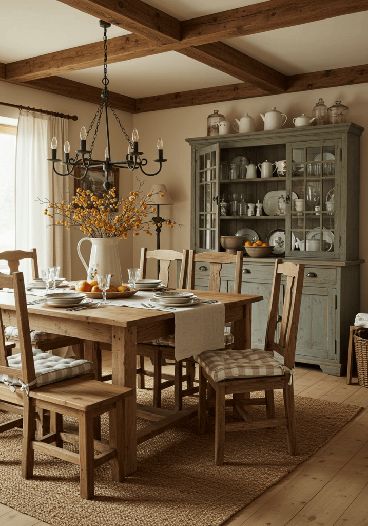 Warm Dining Space with Rustic Wooden Beams