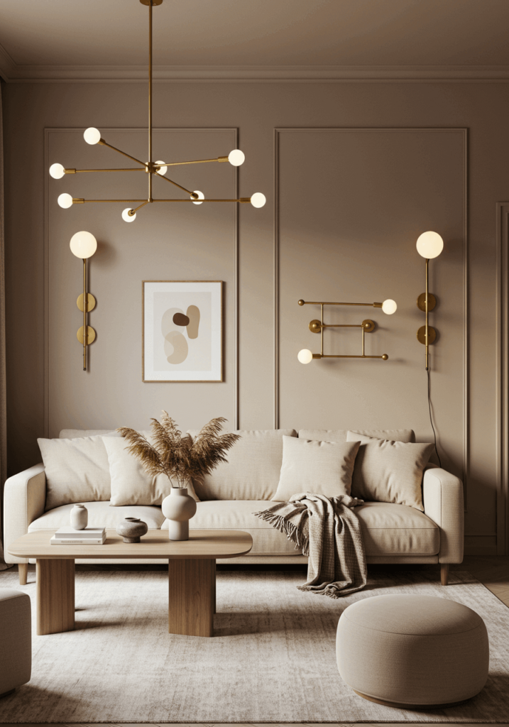 Warm beige living room with brass lighting fixtures