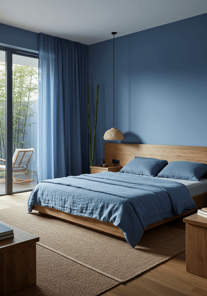 Zen-Inspired Blue Bedroom with Natural Wood Accents