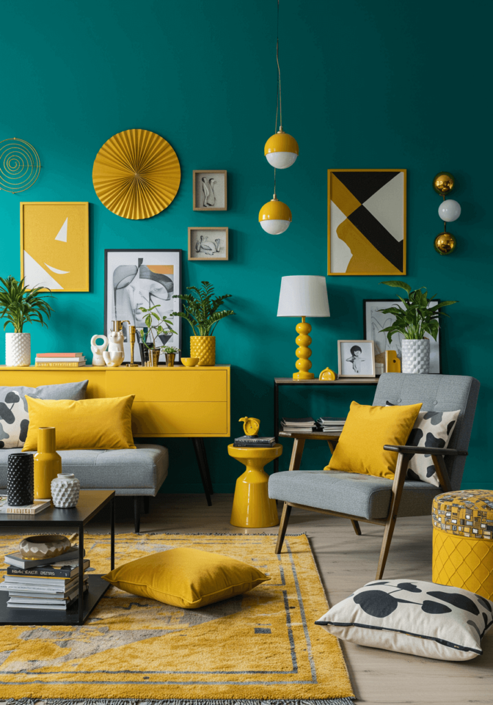 eye-catching, bold living room with vibrant teal walls