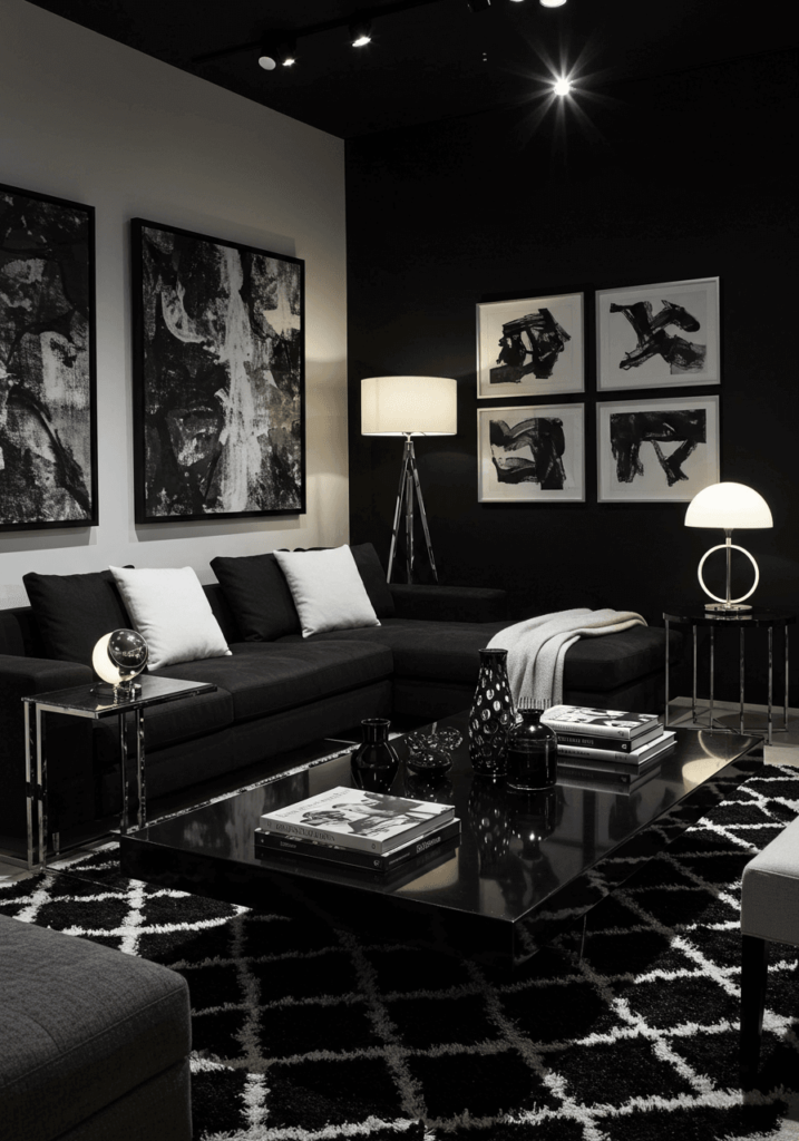 sophisticated black-and-white living room with sleek decor